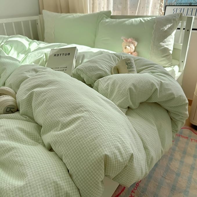 LifeTB Green Gingham Duvet Cover Twin 3 Pieces Romantic Lace Duvet Cover Soft Washed Microfiber Green Grid Plaid Comforter Cover with 2 Pillowcases Farmhouse Checkered Gingham Bedding Set