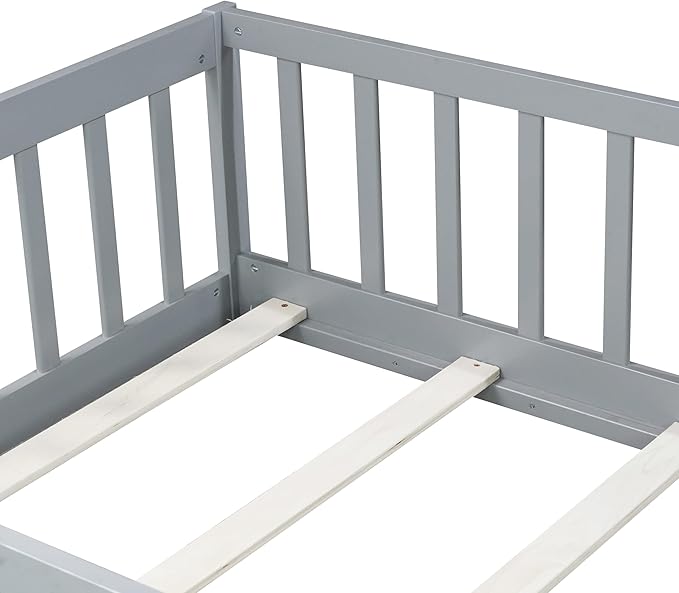 Bellemave Twin Size Floor Bed for Kids, Girls, Boys, Rubber Wood Floor Bed with slats and Door, Grey