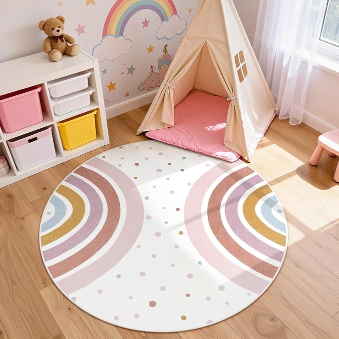 STARUIA Round Rainbow Nursery Rug, 5 Ft Washable Kids Rug for Playroom, Non-Slip Colorful Rugs for Classroom, Large Princess Rugs Soft Girls Bedroom Carpet for Kids Room Reading Nook