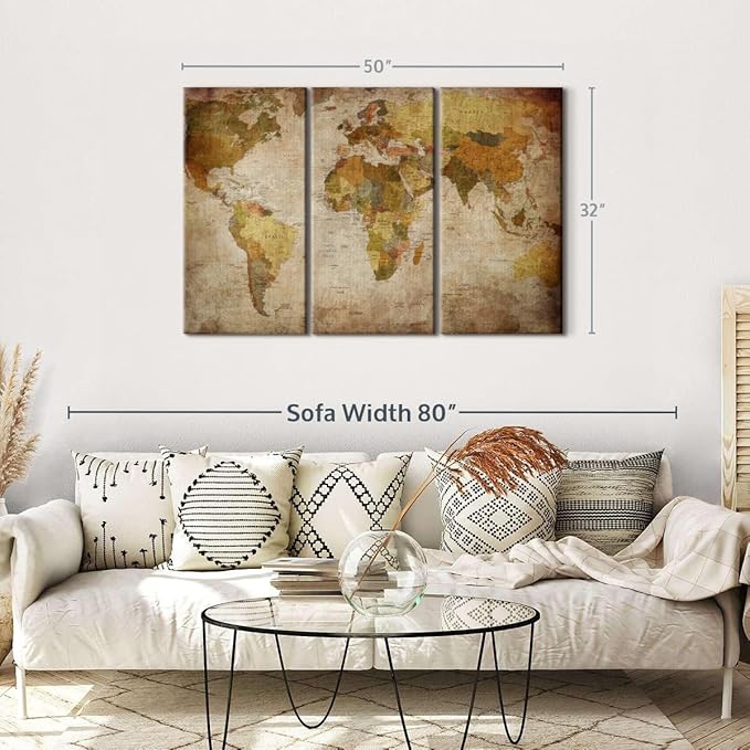 ElephantStock World Map Multi Piece Canvas - 3 Piece Canvas World Map Wall Decor - Wall Decor - Ready-to-Hang Print - Vintage Wall Art - 50" X 32"