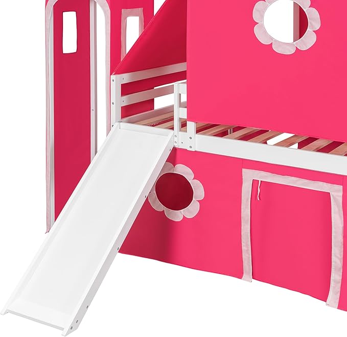 Polibi Full Size Castle Loft Bed with Slide & Pink Tent and Tower, Playhouse Design Spacious Under Bed Space with Curtains, Wood Tent Bed Frame for Kids Boys Girls(Pink,Full)