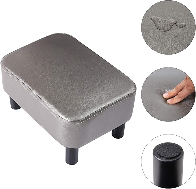 IBUYKE 16.54" Small Footstool, PU Faux Leather Step Stool, with Padded Seat Pine Wood Legs and Padded Rectangular Stool, for Bedroom, Gray RF-BD211