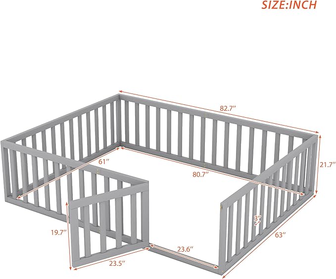 Merax Queen Floor Bed with Safety Guardrails and Door, Wood Montessori Floor Bed Frame for Kids, Queen Playhouse Bed Frame for Baby Girls and Boys, Grey