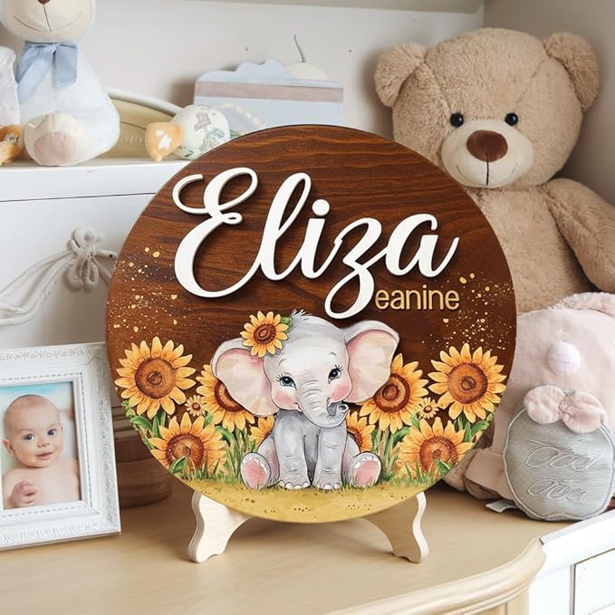 Personalized Name Signs for Kids Room, Sunflowers Elephant Sign for Baby Door Decor, Newborn Gifts for Girl, Girls Nursery Wall Bedroom Decorations, Mother's Day Gifts for New Mom Dad Gift