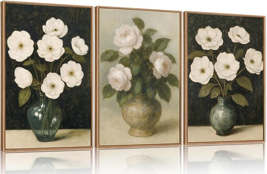 FWIEXA Large Vintage Dark Floral Canvas Wall Art Set of 3,Framed Moody White Flower Wall Art,French Country Aesthetic Botanical Art Prints,Retro Wildflower Artwork for Home Living Room Bedroom 24"x36"