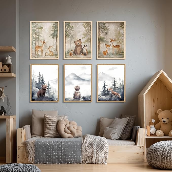 Cyebmo Woodland Boy Nursery Wall Art Set of 3, Whimsical Boy Adventure Wall Decor, Mountain Forest Animal Bear Fox Canvas Painting for Classroom Kids Room Baby Nursery Wood Framed 12"x16"x3