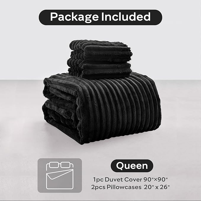 JELLYMONI Plush Duvet Cover Set - Queen Size Black Striped Fluffy Comforter Cover 3pcs Bedding Set Luxury Ultra Soft Faux Fur Duvet Cover with Zipper and 2 Pillowcases (NO Comforter)