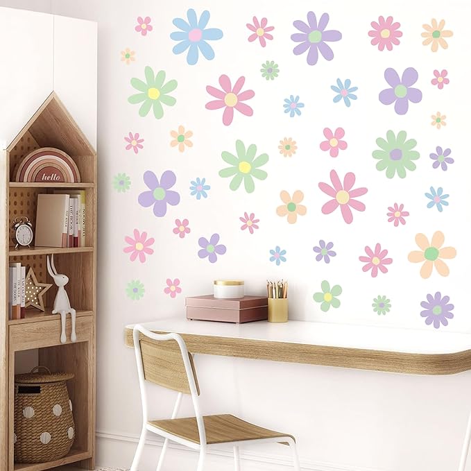 12 Sheets Daisy Wall Decals Boho Flower Wall Stickers Cute Kids Girls Room Decor Peel and Stick Floral Decals Toddler Nursery Playroom Living Room Bedroom Classroom Retro Hippie Decor Pastel Style