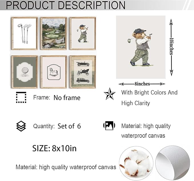 VHQXFQHU 6Pcs Sage Green Vintage Nursery Wall Art Teddy Bear Golf Sports Wall Decor Toddler Vehicle Painting Pictures Vintage Cars Farmhouse Poster for Kids Boys Room Playroom Bedroom 8x10in Unframed
