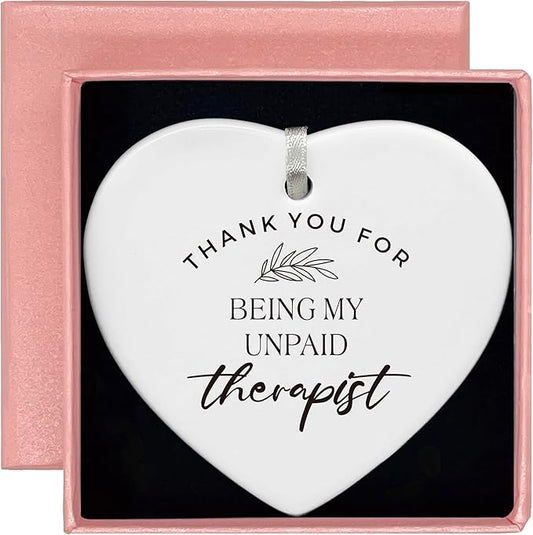 Heart Shaped Christmas Ornament-Therapist Friendship Gift for Women Teen Girls Friends Thank You for Being My Unpaid Therapist Birthday Ceramic Keepsake with Gift Box