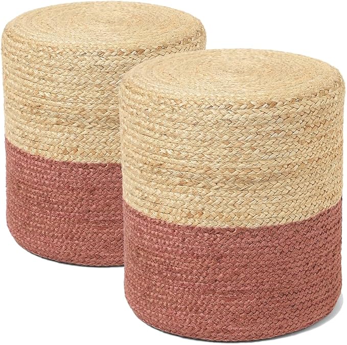REDEARTH · Cylindrical Pouf Foot Stool Ottoman - Jute Braided Pouffe Poof Accent Sitting Footrest for Living Room, Bedroom, Nursery, Patio, Lounge Set of 2 (Natural Rust, 14.5"X14.5"X16")