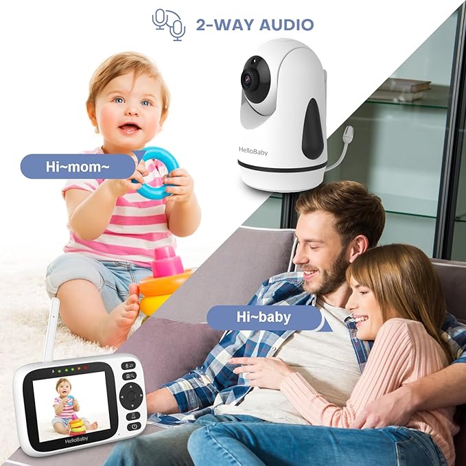 HelloBaby 3.2'' Baby Monitor 4 Cameras, Video Audio Baby Monitor No WiFi, Remote Pan-Tilt-Zoom, ECO, Night Vision, 2-Way Talk, 1000ft Range, 8 Lullabies and Temperature, for Parents and Babies