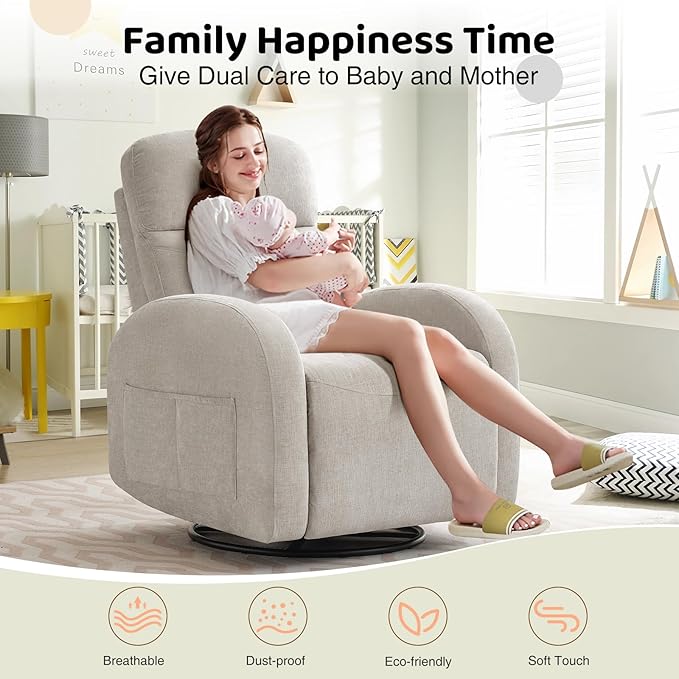 Nursery Swivel Rocker Recliner, Manual Nursering Glider Recliner, Chenille Swivel Rocking Nursery Recliners with Double Pockets for Living Room, Camel