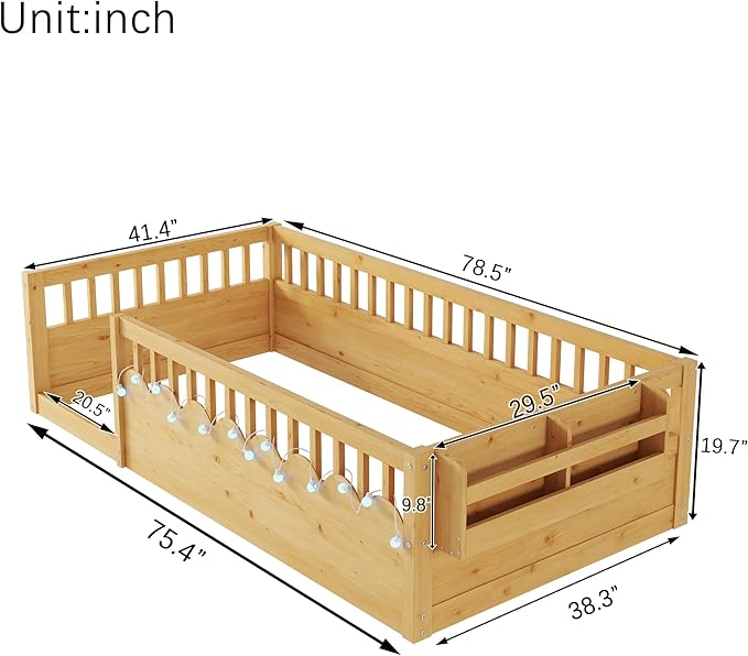 KEIKI Twin Size Floor Bed w/Light & Storage, Wood Montessori Platform Bed Frame w/Safety Rails, Space Saving Kids Beds for Boys Girls Bedroom Playing Room, Easy Assembly Bedframe, Noise Free, Brown