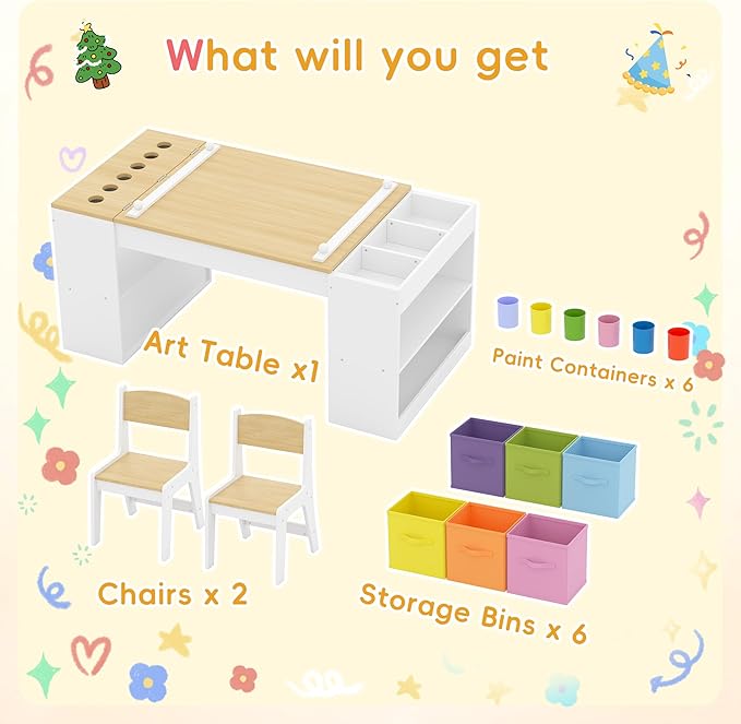 Kids Art Table and 2 Chairs Set, Wooden Craft Desk with 2 Storage Shelves, 6 Storage Bins & Paper Roll for Drawing, Learning and Reading, Toddler Activity Play Desk for Home, 47 L x23 W