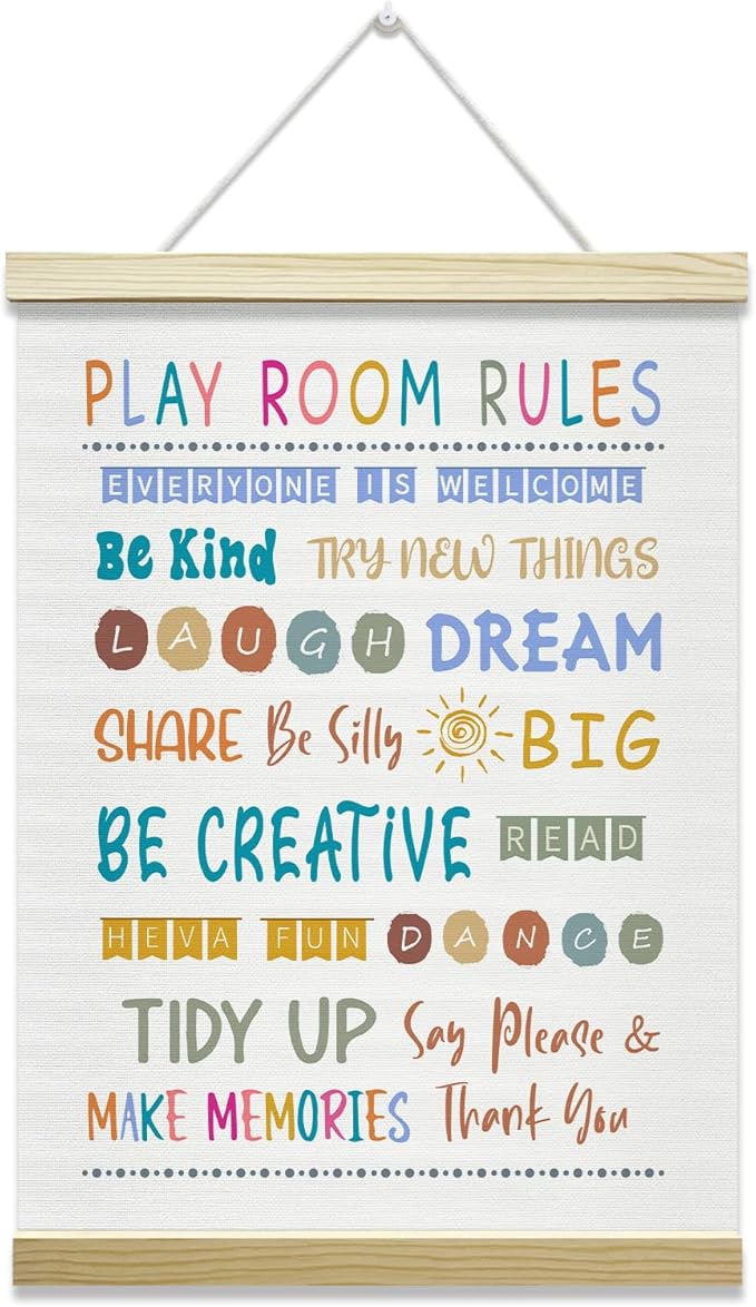Nopoben Playroom Rules Poster Hanger Frame, Playroom Wall Art With Wooden Poster Hanger, Play Room Wall Decor, Kids Room Nursery Bedroom Classroom Decor(12x16 Inches)-21