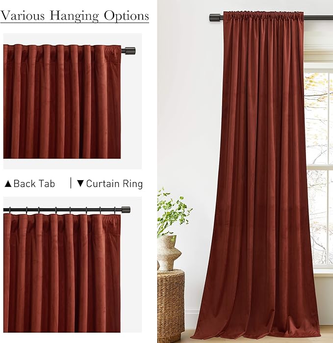 StangH Red Velvet Curtains 108 inches for Living Room, Rust Extra Long Back Tab Home Theater Drapes Room Darkening for Sliding Door/Bedroom, W52 x L108, 2 Panels