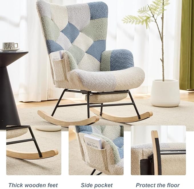 Nursery Rocking Chair Teddy Upholstered Glider Rocker with Footrest Accent Chair with High Backrest Armchair Comfy Side Pocket Chair for Living Room, Bedroom, Offices (Large Spliced Blue)