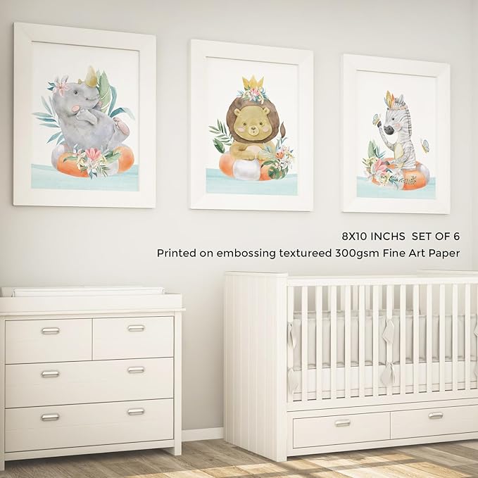 Safari Animal Nursery Decor Prints - Set of 6 Watercolor Sea - Gift Jungle Designs Baby Room 8X10 Unframed