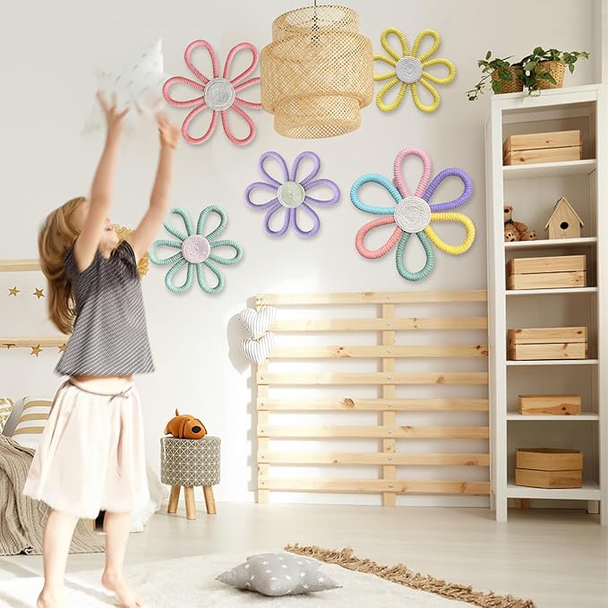 5 Pcs Boho Daisy Flower Wall Decor 3 Size Woven Floral Art Wall Hanging Supply for Boy Girl Multicolors Bohemian Home Bedroom Room Decorations