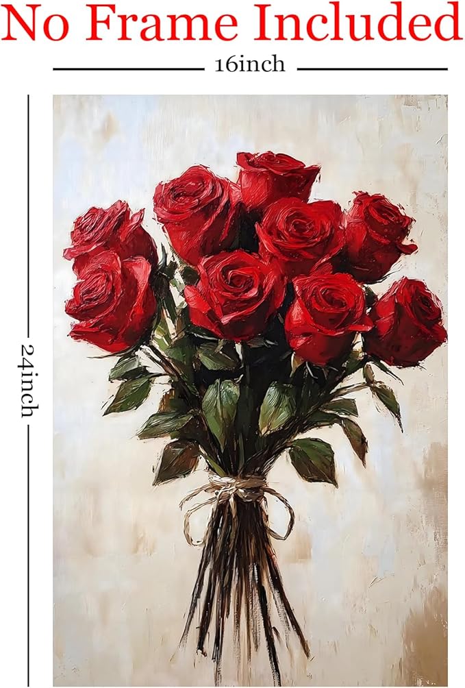 Vintage Flower Canvas Wall Art Red Rose Painting French Country Flowers Prints Farmhouse Rose Poster Floral Still Life Prints Retro Flower Botanical Painting Red Floral Posters 16x24inch Frameless