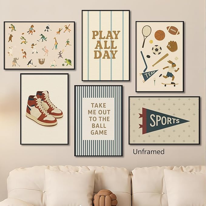 Sports Posters for Boys Bedroom, Boy Nursery Canvas Wall Art, Cute Animal Athletes & Sports Equipment Pictures, Charming Quotes Take Me Out To The Ball Game Play All Day Print 16x24in Wrapped Canvas