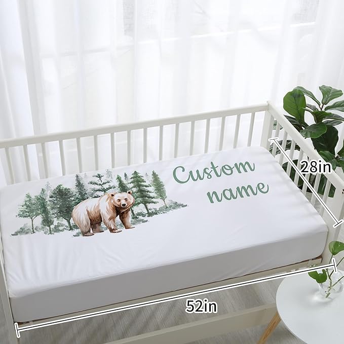 Custom Baby Crib Bedding Set,Personalized Name Brown Bear Theme Nursery Bed Set 4 Piece,Baby Blanket Fitted Sheet Nursery Rug Wall Art Set,Custom Room Decor Idea Gift for Newborns Boys Girls