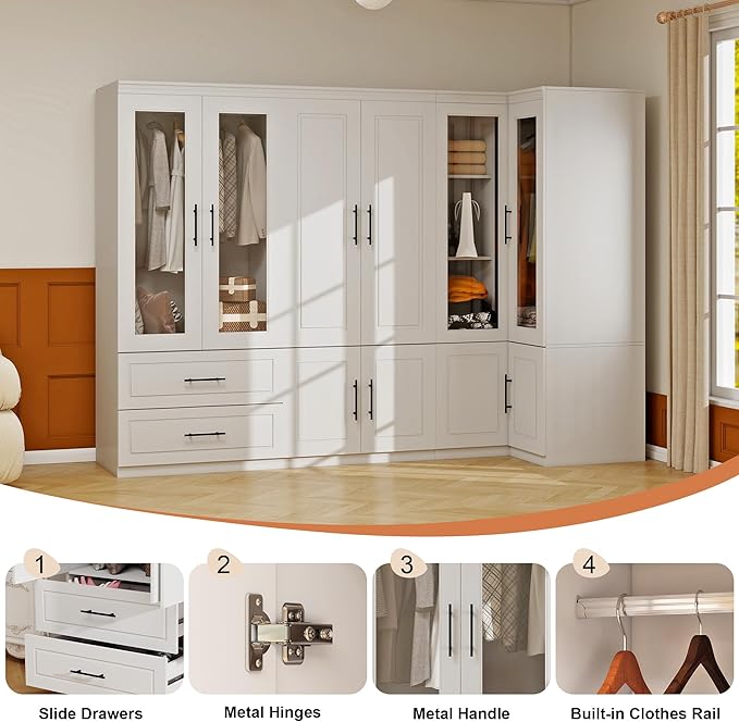 White Armoire Wardrobe Closet with 4 Drawer: Glass Door Wood Wardrobe Closet Wooden Combination Corner Cabinet Bedroom Armoire with Hanging Rods for Home/Bedroom/Living Room