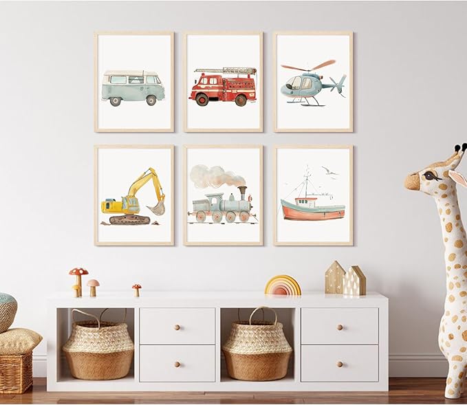 Car Wall Art Boys Room Canvas Wall Decor Nursery Prints Transportation Vehicle Wall Art Kids Toddler Posters Construction Truck Pictures Boy Nursery Artwork for Bedroom Playroom 8x10x6 Inch Unframed