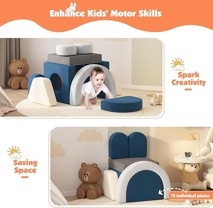 12 PCS Modular Kids Play Block Couch Child Sectional Soft Sofa Toddler Building Fortplay Climbing Bedroom Playroom Baby Convertible Floor Foam Cushion for Boys & Girls (Grey+Beige+Blue)
