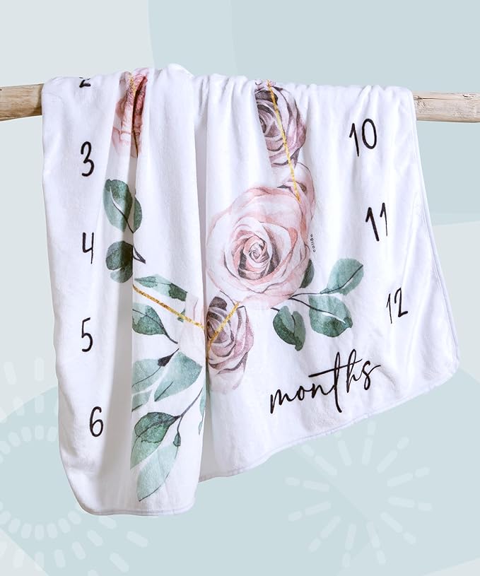 Baby Monthly Milestone Blanket for Girls- Soft Thick Fleece 46"x46" - Perfect Photo Growth Chart for First 12 Months - Extra Cozy for Pictures, Creating Monthly Memories - Soft Floral Design