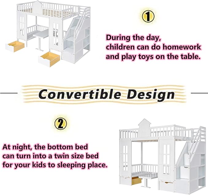 MERITLINE Twin Over Twin Castle House Loft Bed with Stairs and Storage Drawers,Solid Wood Princess Convertible Bunk Bed with Desk and Seat (White (Convertible))