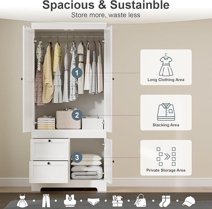 2 Doors Armoire Wardrobe Closet with 2 Drawers, Modern Modular Closet Wardrobe Cabinet with Shelves and Hanging Rod, Freestanding Wooden Armoire for Bedroom, White