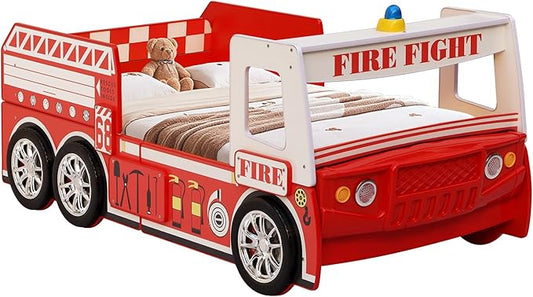 LKTART Twin Size Car Bed for Kids, Fire Truck-Shaped Wooden Platform Bed Frame with LED Lights, Headboard Wheels and Support Slats for Boys Toddlers Child's Bedroom (Red)