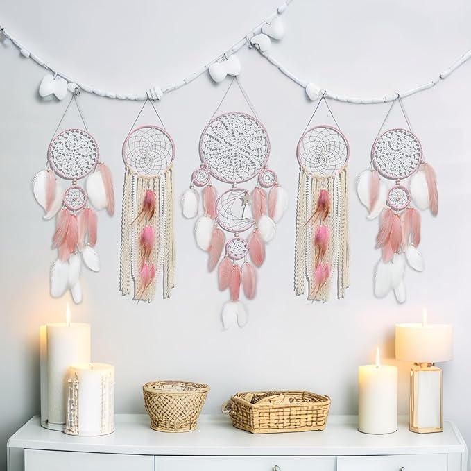 Dream Catcher Wall Decor,Large Boho Dream Catcher with Luxurious Feathers & Beads, Handmade Wall Hanging for Bedroom, Nursery, Living Room, Gift Ready for Girls & Adults (White)