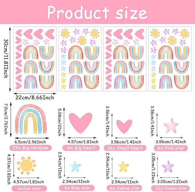 Rainbow Wall Decals Removable Peel and Stick Window Clings 4-Sheet Set with Sun, Rainbow, Heart Design for Girls Bedroom, Kids Room, Nursery Classroom Decor