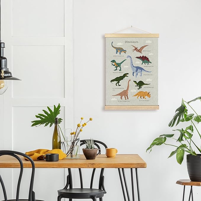BCUANGD Dinosaurs Dino Wall Decor - Toddler Baby Boys Room Wall Art Poster Hanger with Wood Frames, Inspirational Animals Wall Hanging Canvas Decor for Kids Room Nursery Bedroom, 12x16 Inches