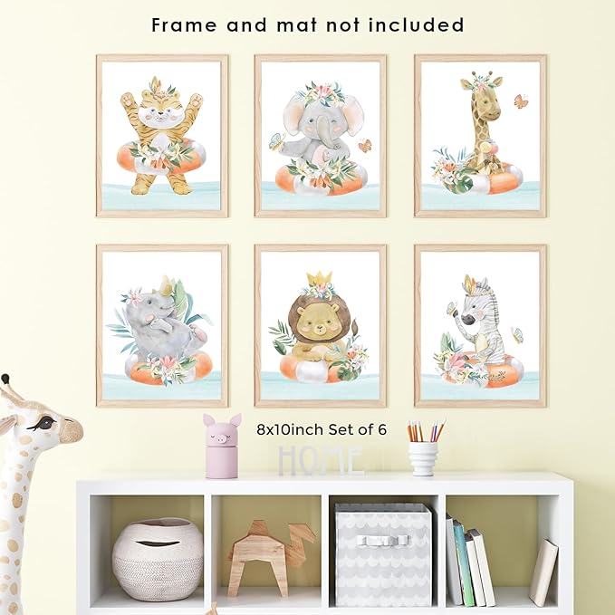 Safari Animal Nursery Decor Prints - Set of 6 Watercolor Sea - Gift Jungle Designs Baby Room 8X10 Unframed