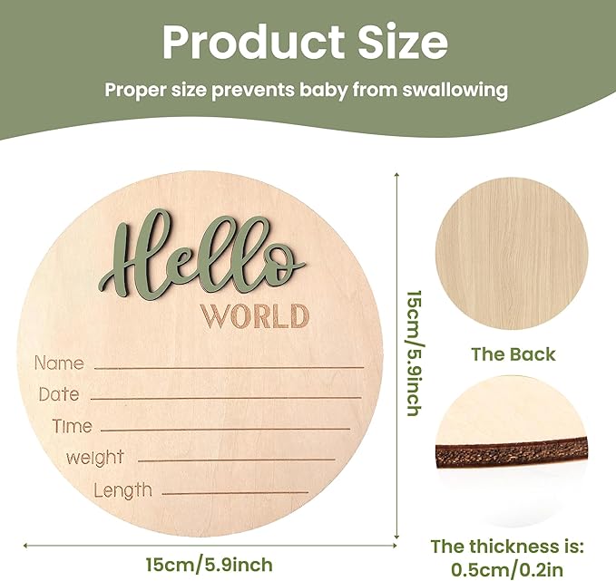 Baby Announcement Sign with Pen, 5.9 Inch Wooden Hello World Newborn Sign for Hospital, 3D Birth Announcement Board, Welcome Baby Name Signs for Nursery, Newborn Gift for Boy & Girl,Green