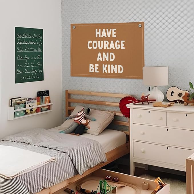 Boy Nursery Decor, Playroom Decor, Have Courage and Be Kind Linen Banner Wall Hanging Banner Flag Decor for Nursery Playroom Toddler Room, Boys Kids Room Decor 20x30 Inch