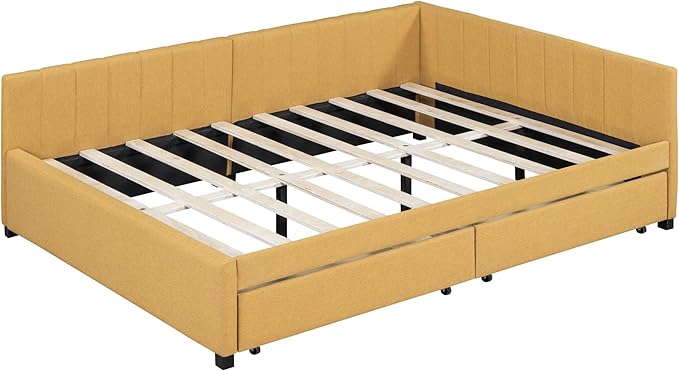 Harper & Bright Designs Full Size Upholstered Daybed with 2 Storage Drawers Sofa Bed Frame for Boys Girls Kids Adults Toddler No Box Spring Needed, Linen Fabric (Yellow)