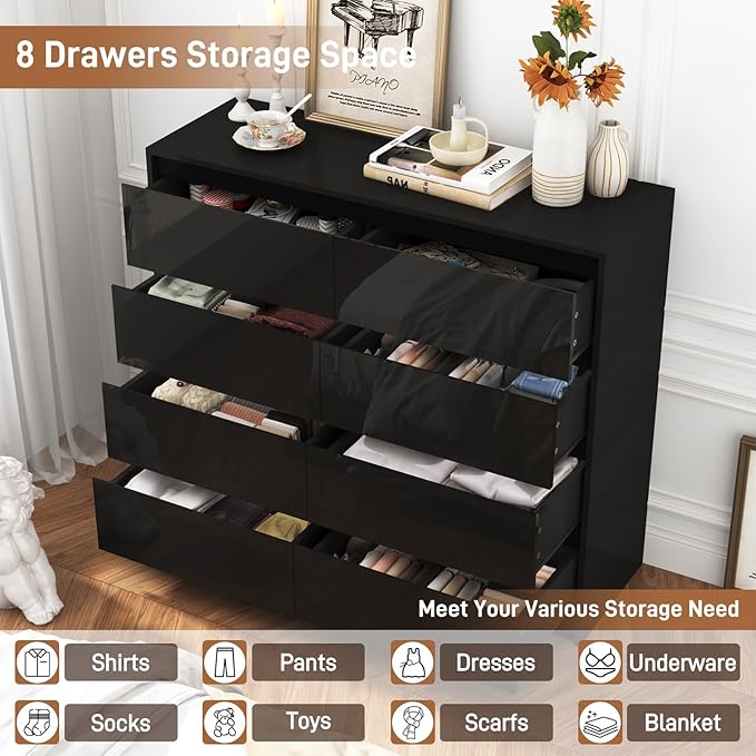 Black Malm High Gloss Dresser for Bedroom, 47" Wide 41" Tall Dresser with 8 Drawers, Modern Large Wood Chest of Drawer Handle Free, Living Room, Entryway, Hallway, Black