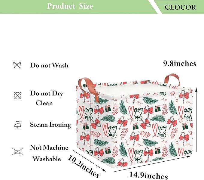 CLOCOR Rectangular Storage Basket,Collapsible Cute Pattern Storage Bin,Waterproof Books Box with Handles,Gift Basket(Big Christmas Basket)