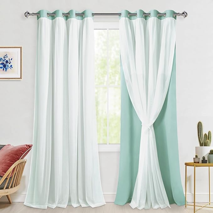 Hiasan Blackout Curtains with White Sheer, Mix & Match Double-Layer Thermal Insulated Sun Blocking Grommet Window Curtains for Bedroom, Living Room, 2 Drape Panels with Tiebacks, Aqua, 52W X 96L