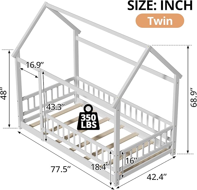 LLS Twin Montessori Floor Bed, Wooden Floor Bed Frame with Slats and Fence, House Bed for Boys Girls Bedroom, White