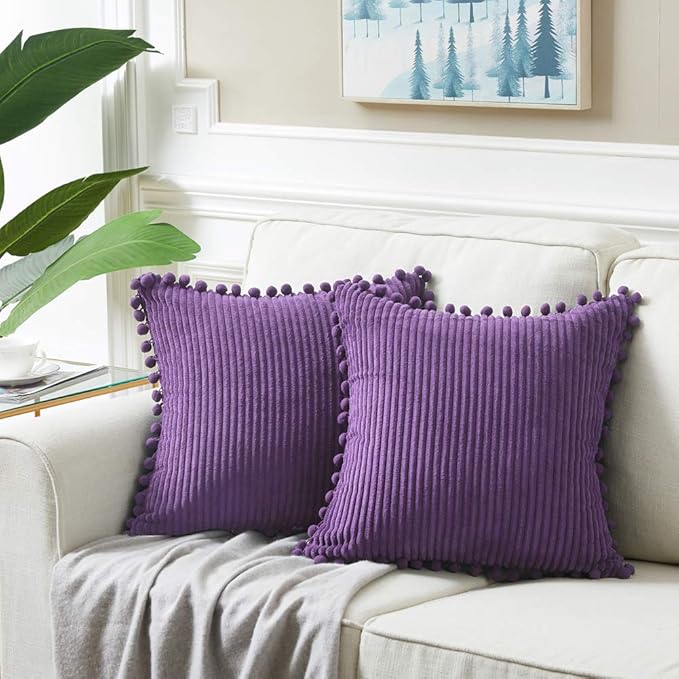 Fancy Homi Pack of 2 Purple Boho Decorative Throw Pillow Covers with Pom-poms, Soft Corduroy Solid Square Cushion Cases Set for Living Room Couch Sofa Bedroom Car (18x18 Inch/45x45 cm, Purple)