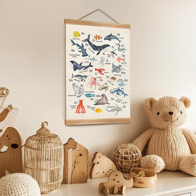 ZTGDA Alphabet Numbers Poster, Children's Room Wall Art, Marine Fishs Numbers&ABC Letter Banner Wall Hanging Decor for Toddler Room,Playroom,Nursery 12x16inch (Ocean animal ABC)