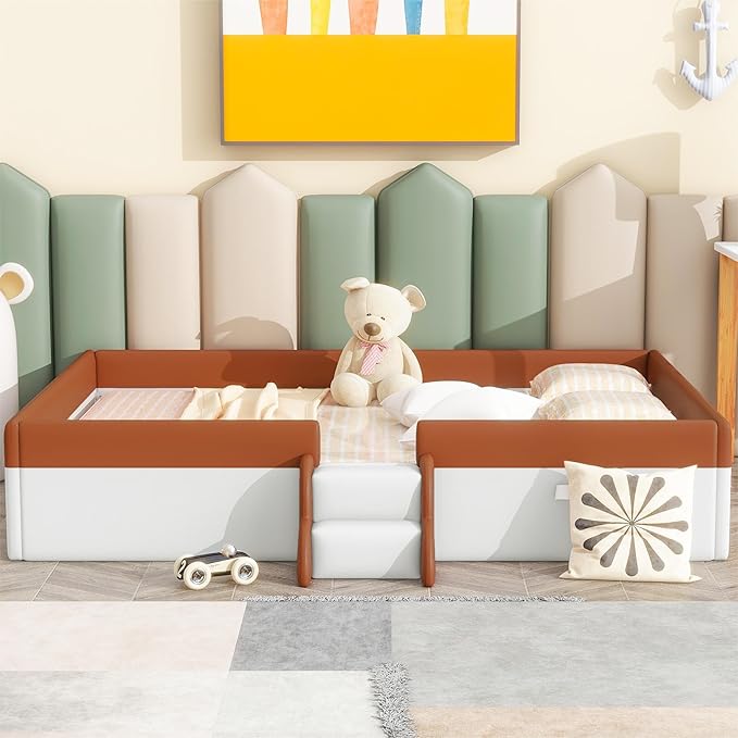 Merax Upholstered Kids' Daybed, Daybed Frame with Fence and Stairs, No Box Spring Needed, Full Size, Brown+White