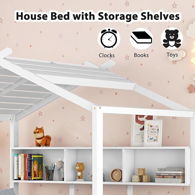 Bellemave Full Size House Bed with 2 Storage Drawers,Full Kids Bed with Storage Shelves,Wooden House Bed Frame for Girls,Boys,Can be Decorated,White