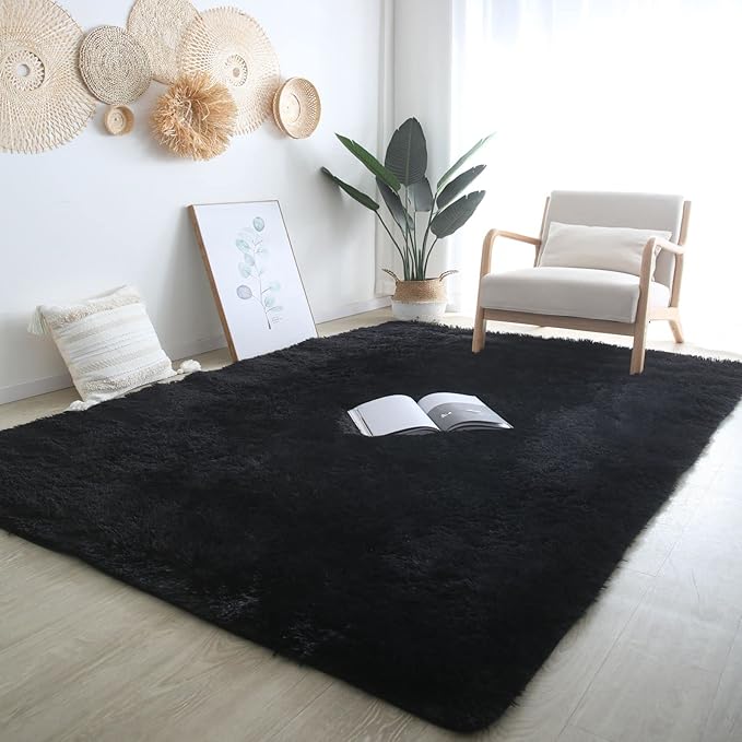 CAIYUECS Shag Area Rug,Indoor Ultra Soft Plush Rugs for Bedroom Living Room, Non-Skid Modern Nursery Faux Fur Rugs for Kids Room Home Decor (8x10 Feet, Black)